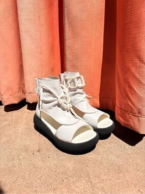 Women’s White Open-Toe Heeled Boots with Black Platform